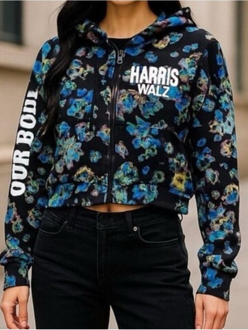 Ulla Johnson Harris Walz "Our Bodies Our Vote" Crop Floral Hoodie Size M